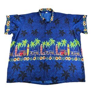 Vtg Rima Hawaiian Shirt Surfboard & Palm Tree Print Button-Down 6XL 34"w